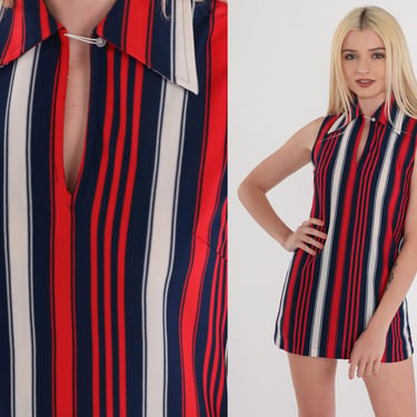 Mod Tunic Top 70s Striped Blouse Sleeveless Shirt Collared Keyhole Red White Navy Blue Vertical Stripes Micro Mini Dress Vintage 1970s Small 