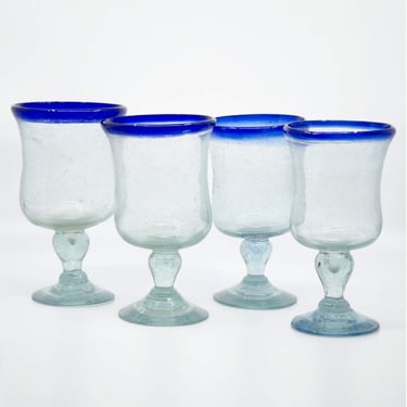1970's Mexican Sea Glass Hand-Blown Blue Rim Goblet Glasses Set of 4 