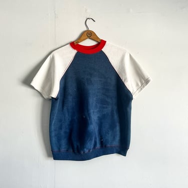 Vintage 60s Distressed Three Color Sweatshirt Shortsleeve Red White Blue Size M to L 