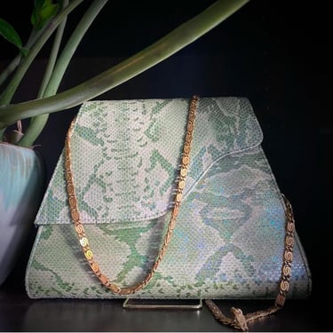 Vintage Green Faux Snakeskin Purse / Vintage Handbag / 90s Handbag y2k Handbag / Green Evening Handbag with Shoulder Chain 