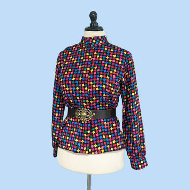 Vintage 80s Geometric Print Silky Blouse, 1980s Colorful Long Sleeve Button Down Shirt 