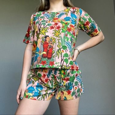 Jaipur Design Women’s Summer Hippie Boho Floral Tropical Cotton Tunic and Shorts Set Sz M 