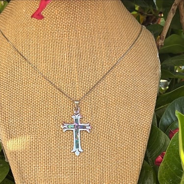 Vintage Mexico Sterling Silver and Colorful Abalone Cross Pendant on 18 Inch Chain Necklace 