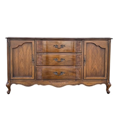 French Provincial Buffet Cabinet by Broyhill Premier 61” Long - Vintage Walnut Wood Louis XV Sideboard Credenza Table Floral Lattice Details 