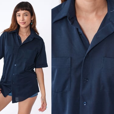Navy Blue Shirt 70s Button Up Shirt Retro Preppy Collared Top Basic Simple Plain Short Sleeve Chest Pocket Vintage 1970s Men's Medium 15 1/2 