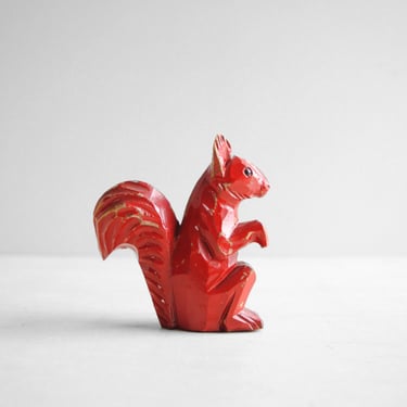 Vintage Hand Carved Squirrel Figurine with Red Paint 