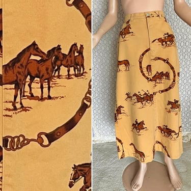 Polo Ralph Lauren Equestrian Skirt, Horses, Bridles, High Waist, Vintage 90s, Cotton Denim 