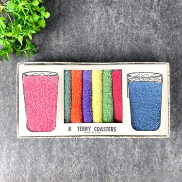 Terry cloth drink coasters - set of 8 new in box - 1960s vintage 