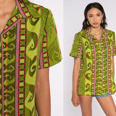 Hippie Shirt Green Psychedelic Shirt Boho Top 70s Acid Print Button Up Shirt 1970s Top Short Sleeve Bohemian Vintage Medium Large 