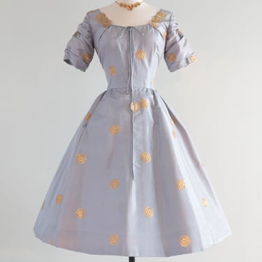 Iconic 1954 Tina Leser Original Ice Blue Silk Hostess Dress With Embroidered Starbursts / SM