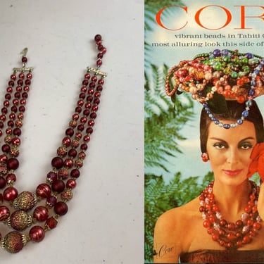 Caribbean Reef Life - Vintage 1950s 1960s Oxblood & Gold Faux Pearl Bead 3 Strand Necklace 