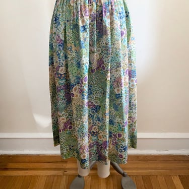 Blue Floral Print Midi Skirt - 1980s 