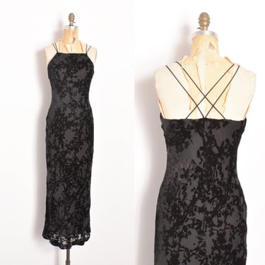 Vintage 1990s Dress / 90s Velvet Burnout Cross Back Maxi / Black ( small S ) 