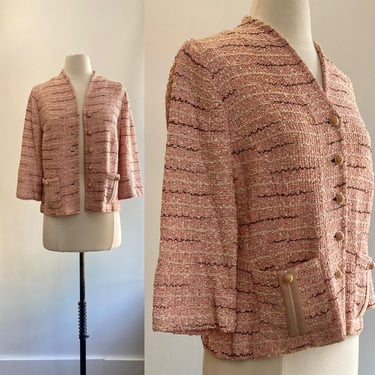 Vintage 70s 80s ST JOHN Cardigan Sweater  Jacket / Slub Knit + Collarless + Suede Trim Pockets + Marbled Dome Buttons / PINK + Beige + Brown 