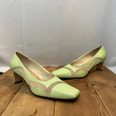 Mint Green 1990s Vintage Pumps Cutout Sheer Square Toe Heels Leather 10 