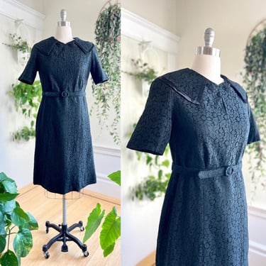 Vintage 1950s Dress | 50s Black Lace Wiggle Sheath Pencil Short Sleeve Dress | large/x-large 