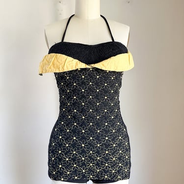 Vintage 1950s Black & Mustard Swimsuit / XXS 
