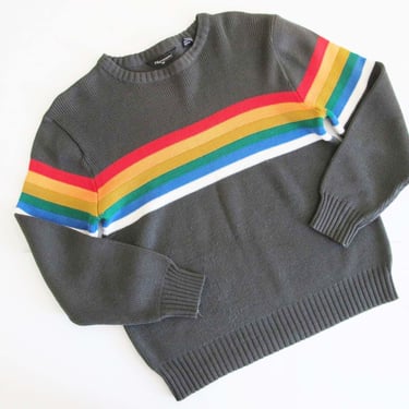 Vintage 80s Rainbow Sweater  S M  - 1980s Gray Rainbow Stripe Knit Pullover Jumper 