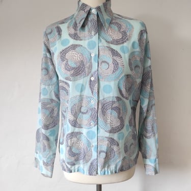 Vintage 1970s Shirt Collared Blue 1970's Woman's Blouse Dagger Collar 