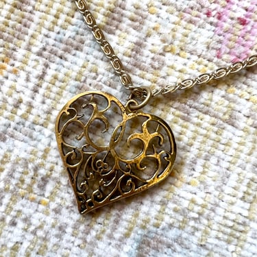 AS-IS *** Vintage 1970s 70s SAJ Heart Pendant Filigree Brass Tone Metal Long Boho Love Valentines Day Necklace 