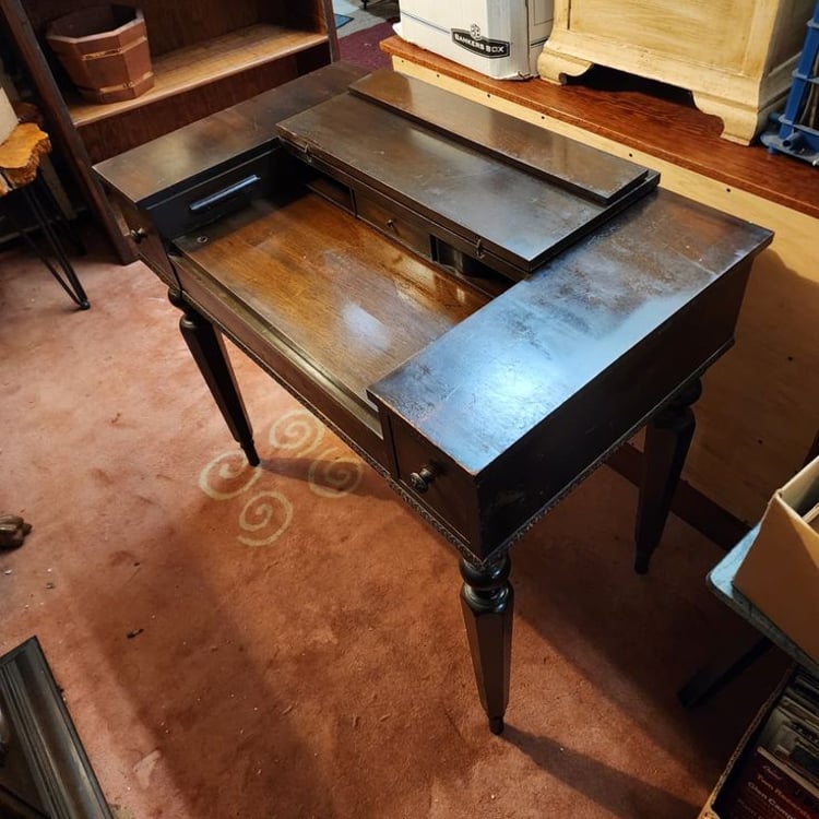 Early 20th Century Mahogany Spinet Desk, Empire Style. Great Condition, lots of storage, pull out writing surface, ink well. 