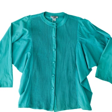 Vintage 1980s Teal Cotton Blouse | L | 80s Button Down Top with Batwing Sleeves 