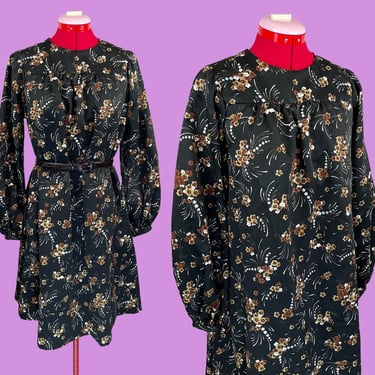 Vintage 60s Babydoll Bishop Sleeve Groovy Floral Black Mod Dress L Gift 