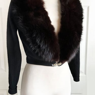 1950's Fox Fur Collar Angora Sweater Cardigan Vintage Black Top Rockabilly Mid Century 
