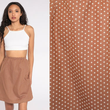 70s Polka Dot Skirt 60s Mod Skirt Brown White High Waisted Mini Retro Vintage Polyester Knit 1970s Small S 