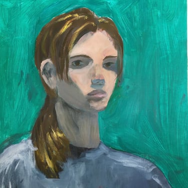 Moody Young Woman Portrait, Large Vintage Painting, Green And Blue, Unsigned, Original Art, Heavy Weight Paper, Possible Oil Painting 