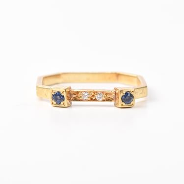 18K Gold Sapphire and Diamond Unique Square Band Ring, Vintage Stacking Ring, Size 7 US 