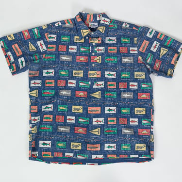 90s Reyn Spooner All-Over Fish Print Shirt - Men's XL | Vintage Button Up Blue Hawaiian Aloha Top 