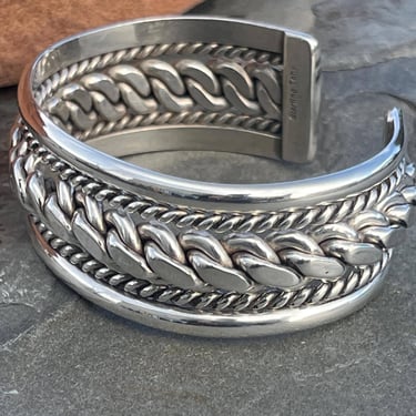 Tahe ~ Vintage Navajo Heavy Sterling Wide Cuff Bracelet with Braided Silver Center - 68 Grams 