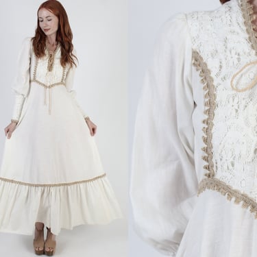 Jute Lace Up Corset Dress Renaissance Faire  Bridal Gown Vintage 70s Prairie Wedding Muslin Zipper Sleeve Maxi Dress 