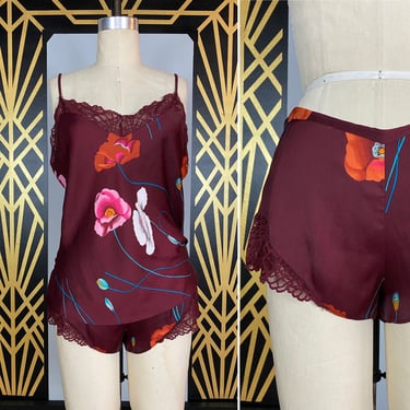 vintage lingerie, tap shorts, burgundy floral, 1990s camisole, medium, pjs, sexy pajamas, shorts and tank top, 36 bust, summer sleepwear 