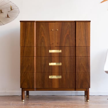 Vintage Mid Century John Widdicomb Walnut and Brass Highboy Dresser 