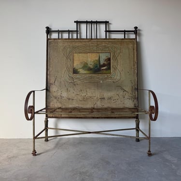 Antique French Wrought Iron and Brass Garden Bench with Hand-Painted Landscape Panel 
