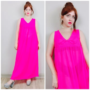 1970s Vintage Hot Pink Nylon Empire Waist Nightgown / 70s / Seventies Semi Sheer Neon Maxi Dress / Size Small - Medium 