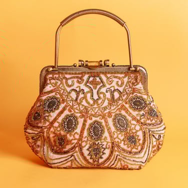 90s Cream Gold Art Deco Beaded Ornate Purse Filigree Bronze Metal Top Handle Chain Elegant Purse 
