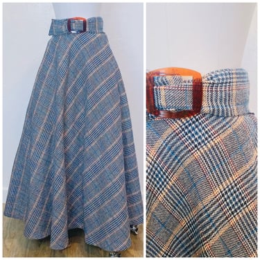 1970s Vintage Acrylic Blue Plaid Maxi Skirt / 70s High Waisted Belted Full Sweep Skirt / Size Small 
