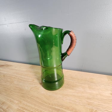 Green Blenko Style Blown Glass Pitcher Vase Leather Handle 10.5" Tall 
