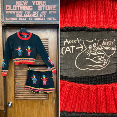 Vintage 1970’s Betsey Johnson Alley Cat Cartoon People Knit Two Piece Outfit Set Sweater & Hot Pants, Betsey Johnson, Alley Cat, Knit Set, 