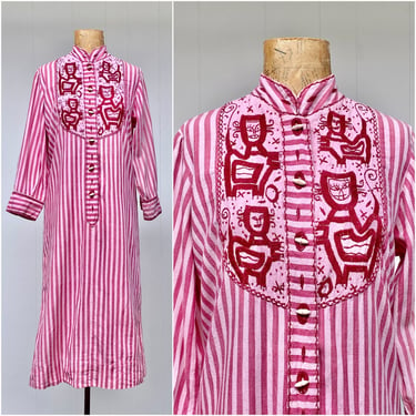 Vintage 1960s Embroidered Mexican Caftan, Pink Striped Cotton Shirt Dress by Vicki, Boho Folk Art Kaftan, 36