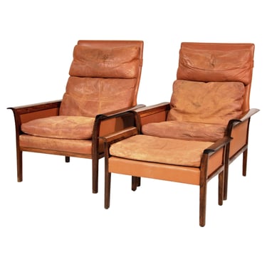 Pair of Brazilian Rosewood and Cognac Leather High Back Chairs by Fredrik Kayser for Vatne Mobler 