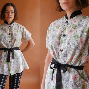 Vintage 40s Peplum Blouse/ 1940s Floral Rayon Top with Waist Tie/ Lounge Wear/ Size Medium 