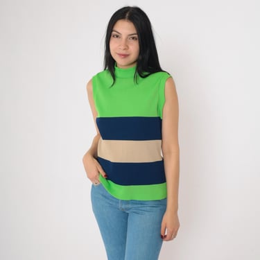 Vintage 70s Mod Tank Top Lime Green Striped Shirt Mock Neck Ribbed Knit Tee Retro Sleeveless Color Block Blouse Seventies 1970s Medium Large 