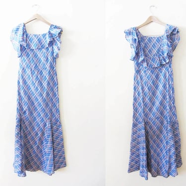 Vintage 1930s Voile Cotton Dress XXS / XS - For Study Condition Issues - Scoop Back Ruffle Blue Pink Plaid Dress 