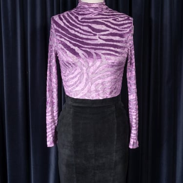 90s Caché Lavender Zebra Stripe Burnout Velvet Snake Print Sheer Stretch Top 