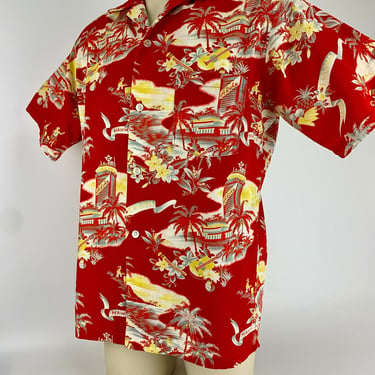 1950's Hawaiian Shirt - HOALOHA Label - Cool Print - All Cotton - Tomato Red w/ Yellow & White - Loop Collar - Patch Pocket - Men's Medium 
