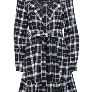 Kate Spade - Black & White Plaid Flannel Ruffled Belted Dress Sz S